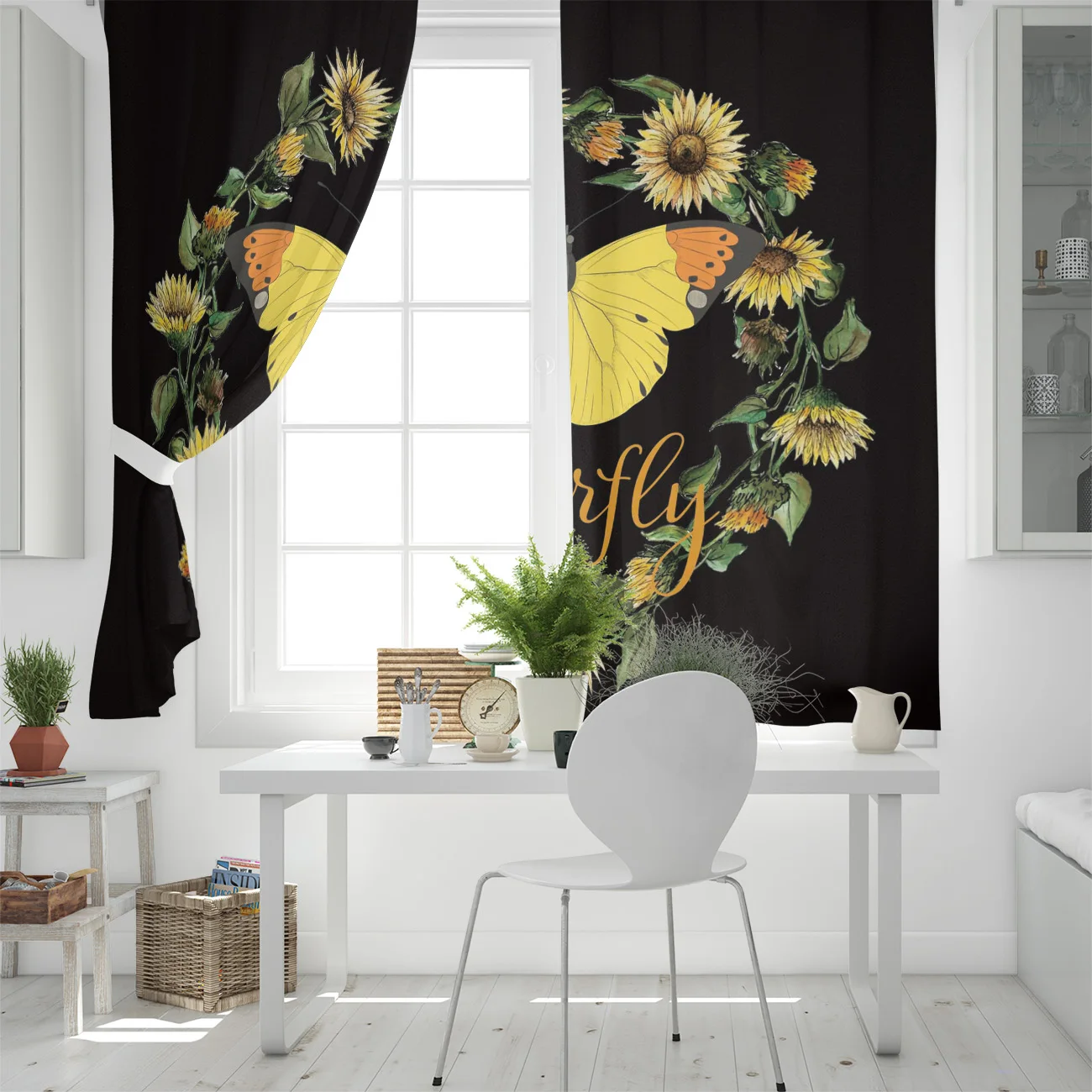Butterfly Sunflower Wreath Curtains Kitchen Decor Items Window for Living Room Bedroom Curtain Panel | Дом и сад