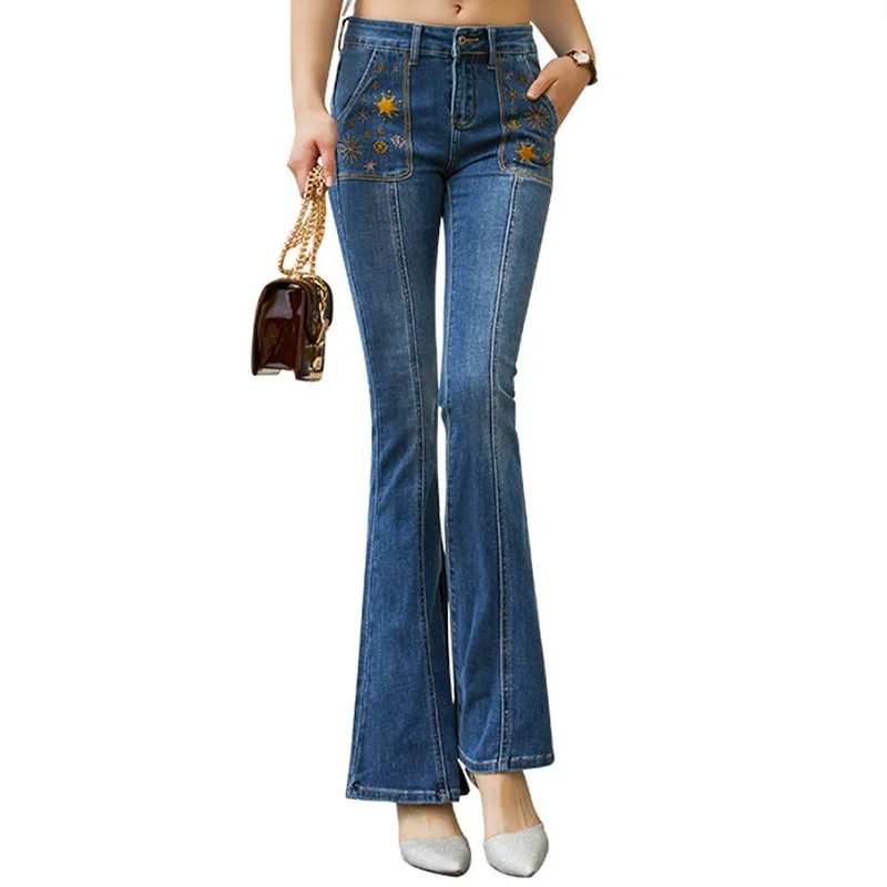 Women jeans Slim autumn embroidery Mid waist boot cut pant Woman 1226 | Женская одежда