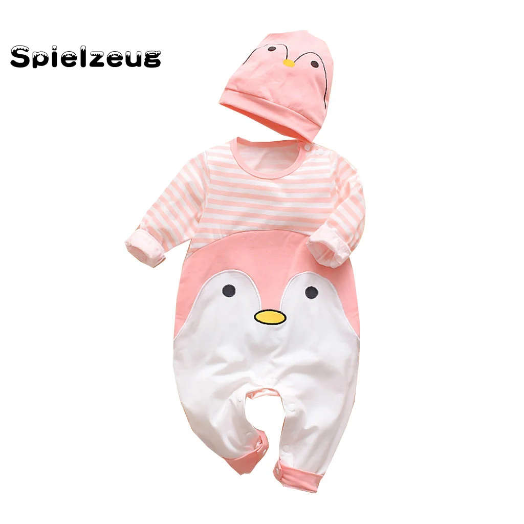 Осенняя одежда для новорожденных мальчиков и девочек Ползунки пингвин в полоску