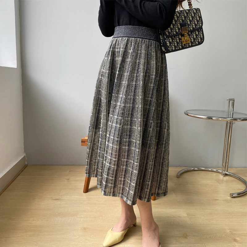 

Spring and Autumn Women's Casual Plaid High Waist Knit Skirt