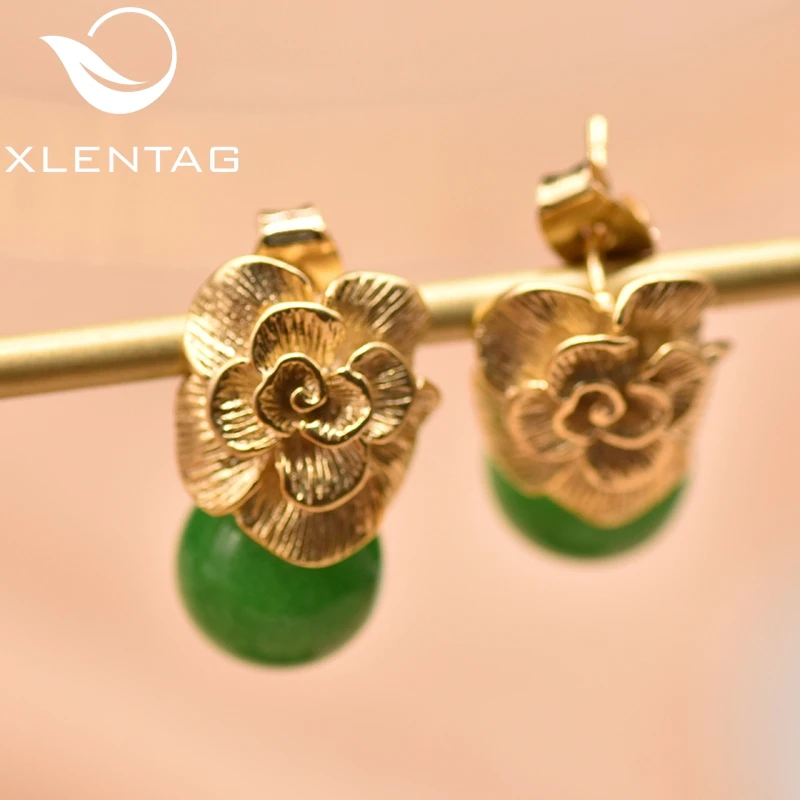XlentAg 925 пробы серебряные серьги-гвоздики натуральный розовый круглый Кристалл Висячие серьги для женщин растительный цветок серьги для помолвки GE0336