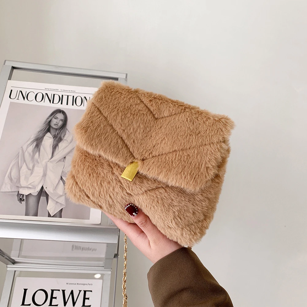 

Autumn Winter Women Plush Shoulder Crossbody Bags Fashion Ladies Lattice Pattern Messenger Bags Solid Color Street Tote Handbag