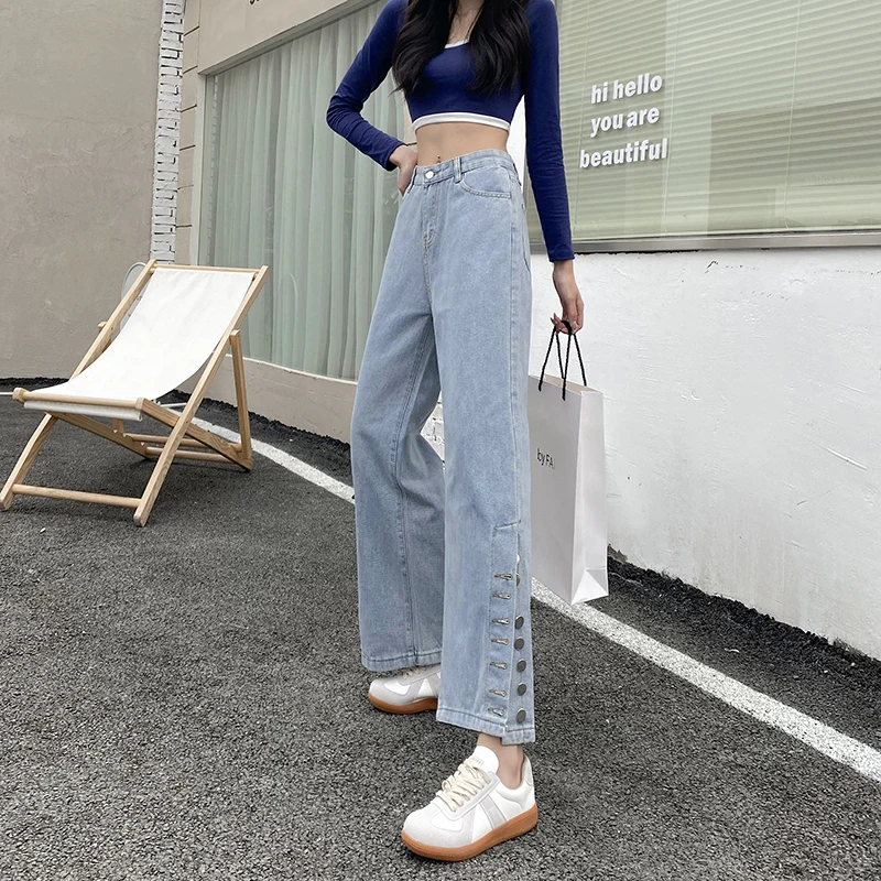 

Trendy New Women Streetwear Retro Washed Straight Long Denim Pants Vintage Female Wide Leg Button Ladies Jeans Blue Trousers
