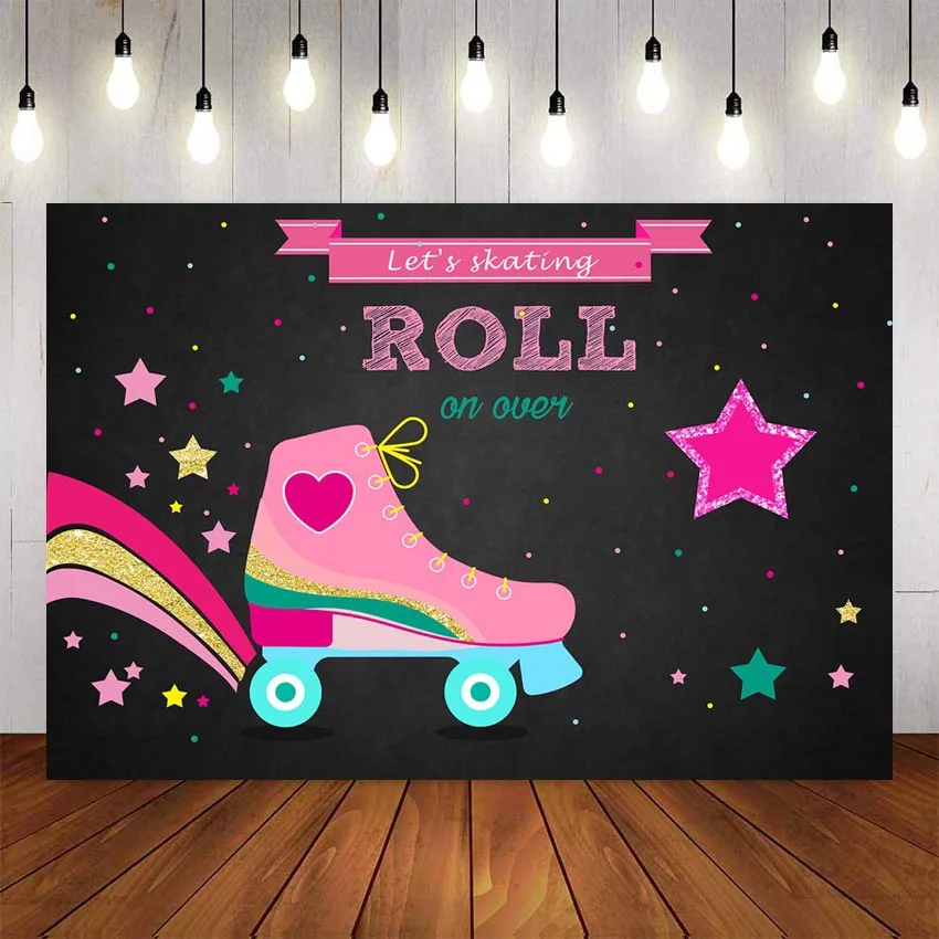 

Photography Background Neon Roller Skate Theme Backdrop Pink Skating Birthday Party Let's Roll Glow Skate Photo Studio Backdrop