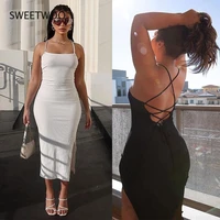 2021 summer dress female pit strip sling long skirt sexy backless lace split fork early autumn temperament sexy dress
