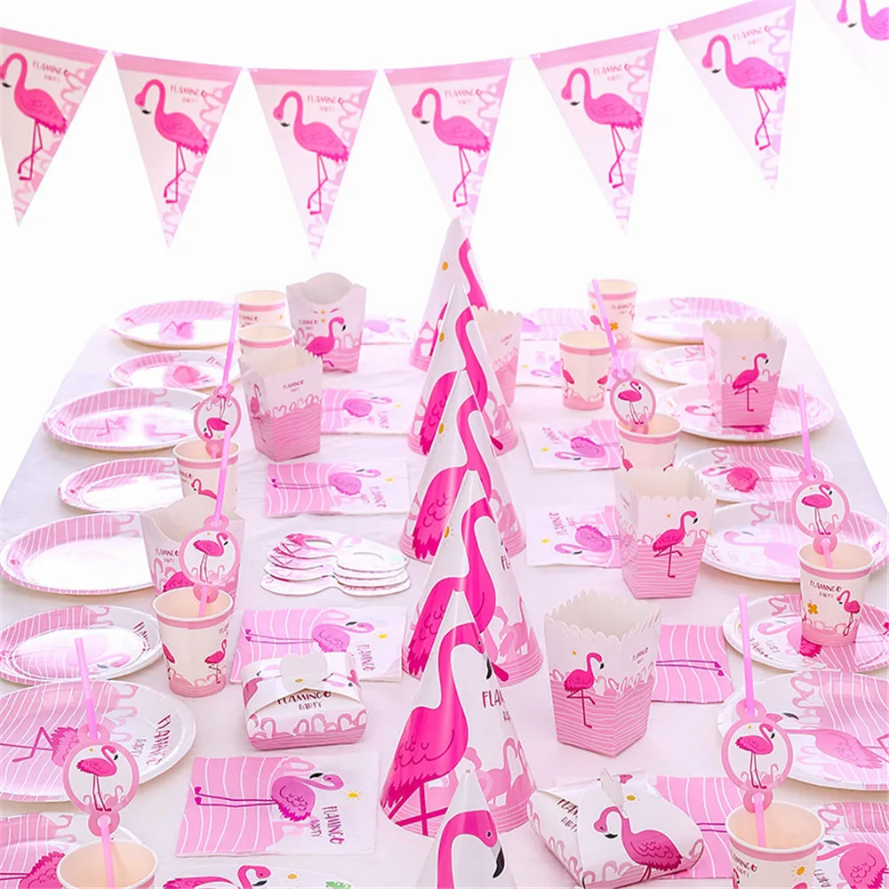 

Flamingo party disposable cups and saucers paper towel straw tableware set children's birthday decoration baby shower supplies