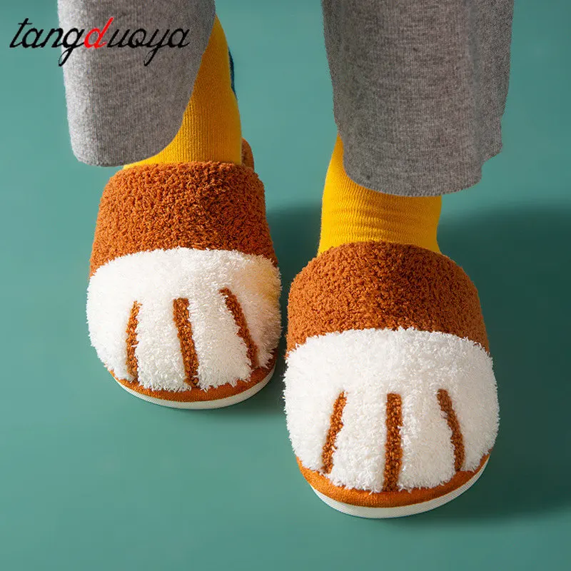

Winter Cute Cat Paw Designer House Women Fur Slippers Floor Mute Bedroom Lovers Warm Plush Shoes Indoor Ladies Fluffy Slides
