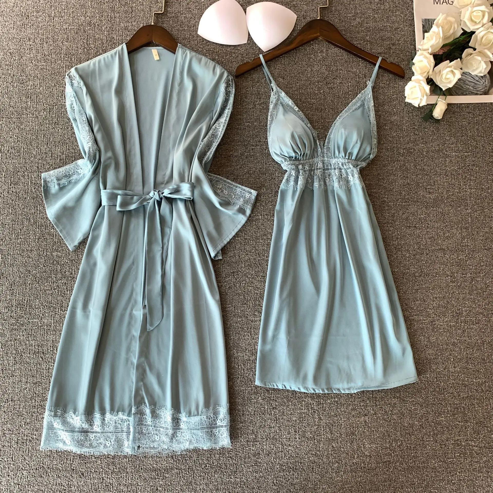 

Women Lace Kimono Robe Sets 2PCS Rayon Sling Nightdress Nightgown Bathrobe Sexy Sleepwear Spring Lingerie Home Dressing