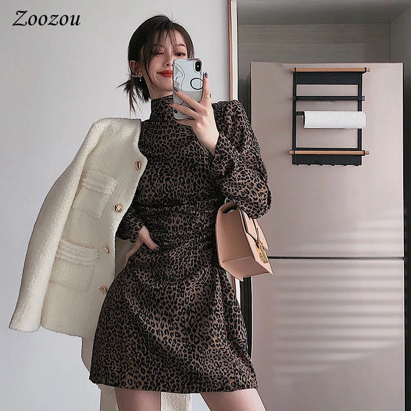 

Corduroy Leopard Elegant Slim Women Short Dress Long Sleeve Vintage Half Turtleneck Mini Dress Female Autumn Winter Warm Dress