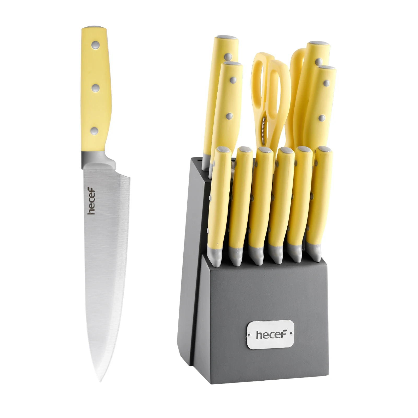 

Hecef 14 Pieces Knife Set with Wooden Block & Sharpener Steel & All-purpose Scissors,Yellow