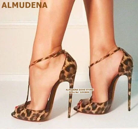 ALMUDENA Rose Black Leopard Color Patchwork High Heel Sandals New T-bar Buckle Strap Open Toe Stiletto Heel Wedding Shoes Pumps