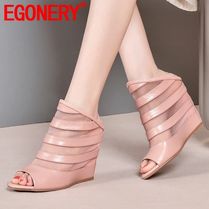 EGONERY Сезон весна Новинка Модные женские тапочки для улицы на высоком каблуке из