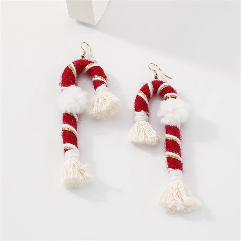 

Cute Long Crutch Tassel Earrings Christmas Nordic Style Handmade Weaving Red Black Orange Green Color Santa Jewel Accessories