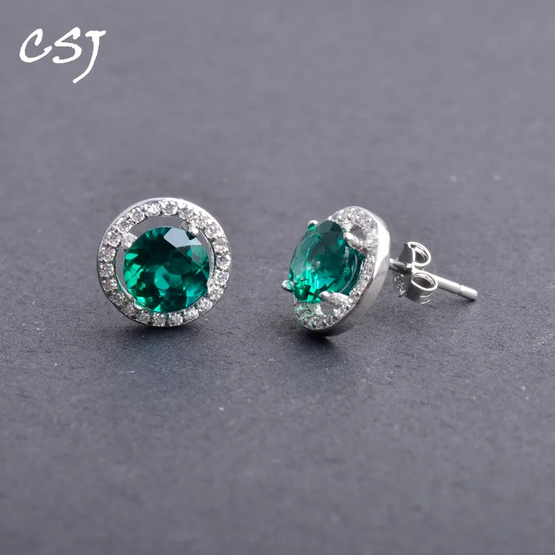 Женские классические серьги CSJ с изумрудами круглые из серебра 925 пробы огранкой 5