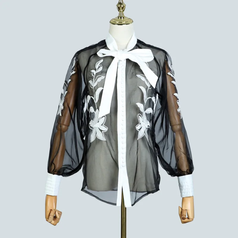 Женская просвечивающая рубашка с рукавами фонариками и бантом на воротнике| |