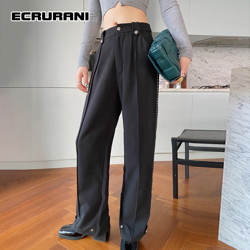 

ECRURANI Casual Pant For Women High Waist Plain Single Button Patchwork Pockets Long Wide Leg Pants Female 2021 Autumn Clothing