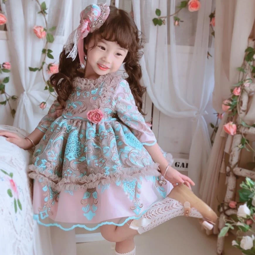 

3PCS Summer Spanish Lolita Princess Dress Bow Lace Embroidery Design Gown Birthday Party Easter Eid Dress For Girls A124