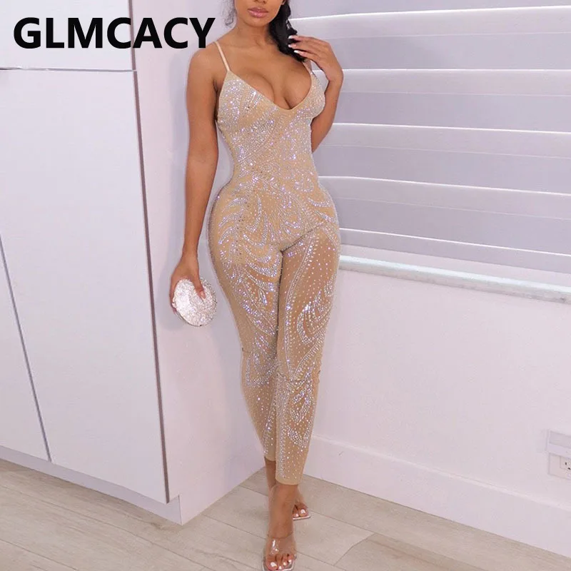 

Women Spaghetti Strap Diamond Embellished Slim Jumpsuit Sexy Party Club Overalls
