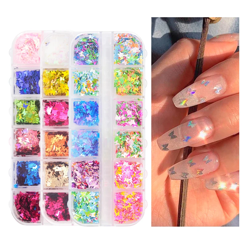

1 Box 12 colors 1-3mm Nail art butterfly sequins/12 grid strip box nail sequins butterfly/round 3D Laser Sequins Holographic ,