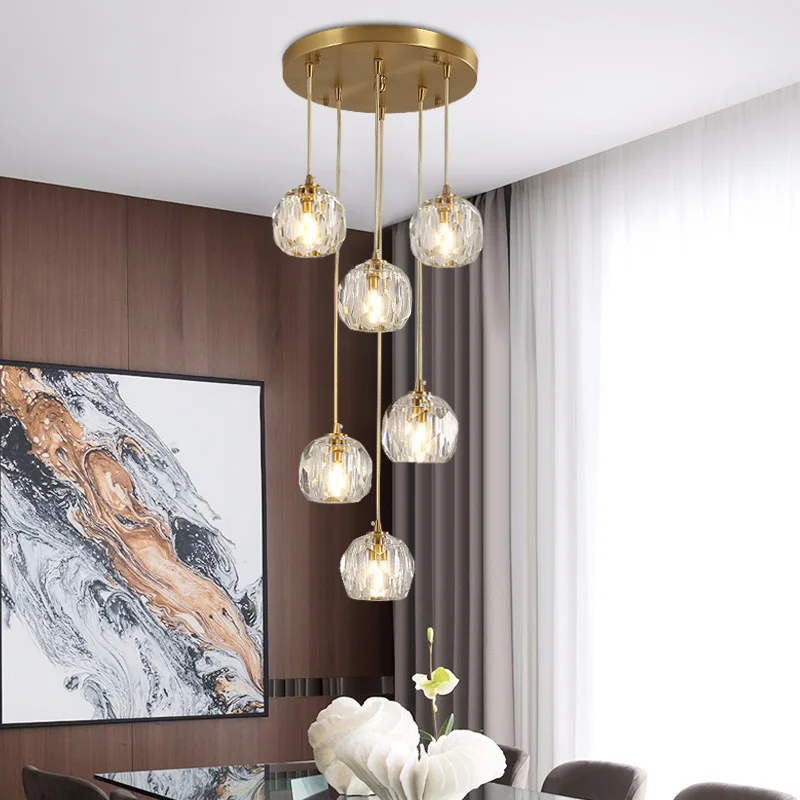 Luxurious Modern Crystal Dining Room Hanging Lights Simple Restaurant Staircase Led Pendant Lighting Copper Home Bar Lamp | Лампы и