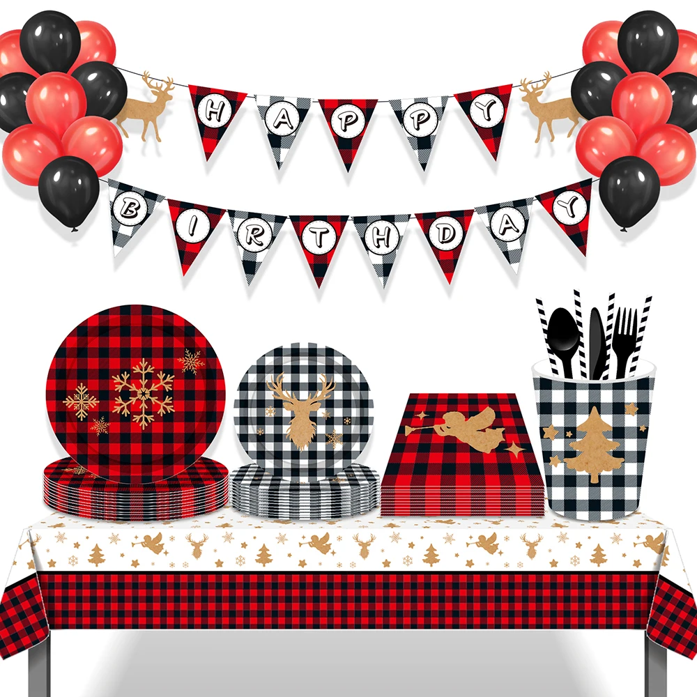 

Lattice Lumberjack Deer Christmas Birthday Party Disposable Tableware Sets Plates Swirls Tablecloths Party Favors Decorations