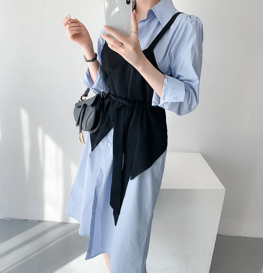 

skirt two-piece outfit South Korea chic loose solid color shirt dress condole belt vest