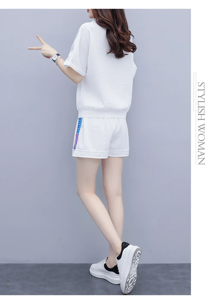 

Houthion Women Two Piece Set Print T Shirts and Short Sets Summer Loose Suit Short Sleeve Lady O-neck T-shirt + Shorts Suits