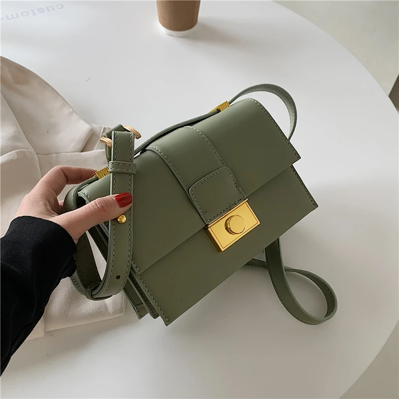

Korean Style Metallic Push Lock Crossbody Bags For Women Simple PU Leather Flap Small Female Shoulder Bags New 2021 White Green
