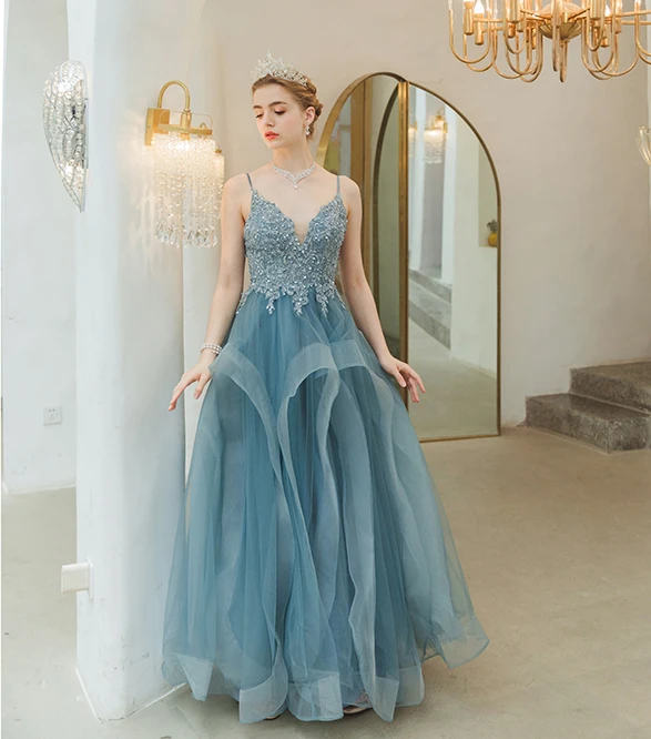 SSYFashion Новое романтическое синее вечернее платье, для банкета, элегантное, с v-образным вырезом, Appliuques, с блестками, в пол, вечернее платье Vestido De Noche