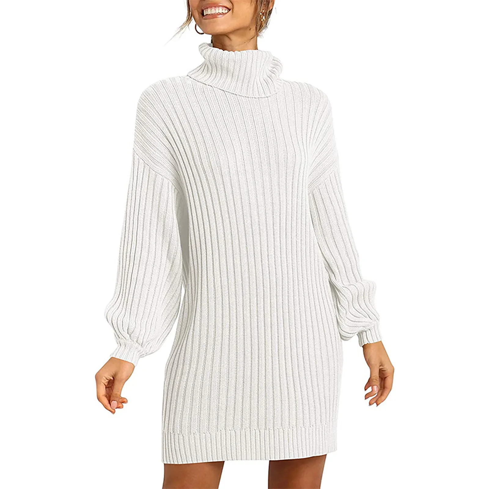 

Turtleneck Long Sleeve Sweater Dress Women Autumn Winter Loose Tunic Knitted Casual Pink Gray Clothes Solid Dresses Nightclube