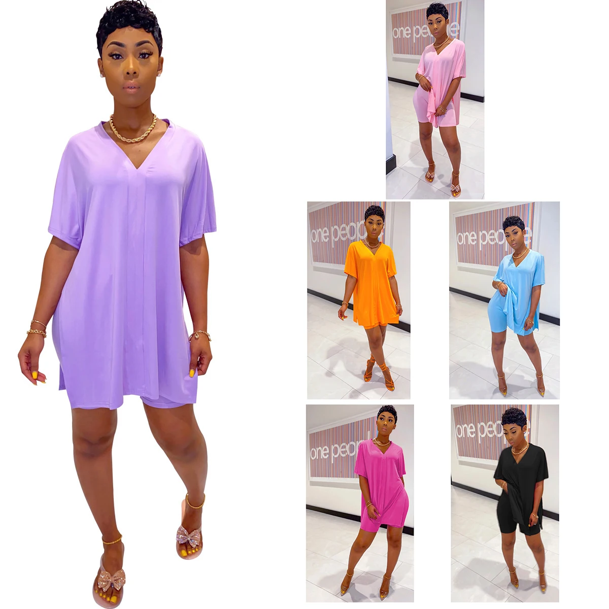 

Женский спортивный костюм из двух предметов, свободная футболка с V-образным вырезом и разрезом сбоку, шорты, облегающие леггинсы, брюки, кос...