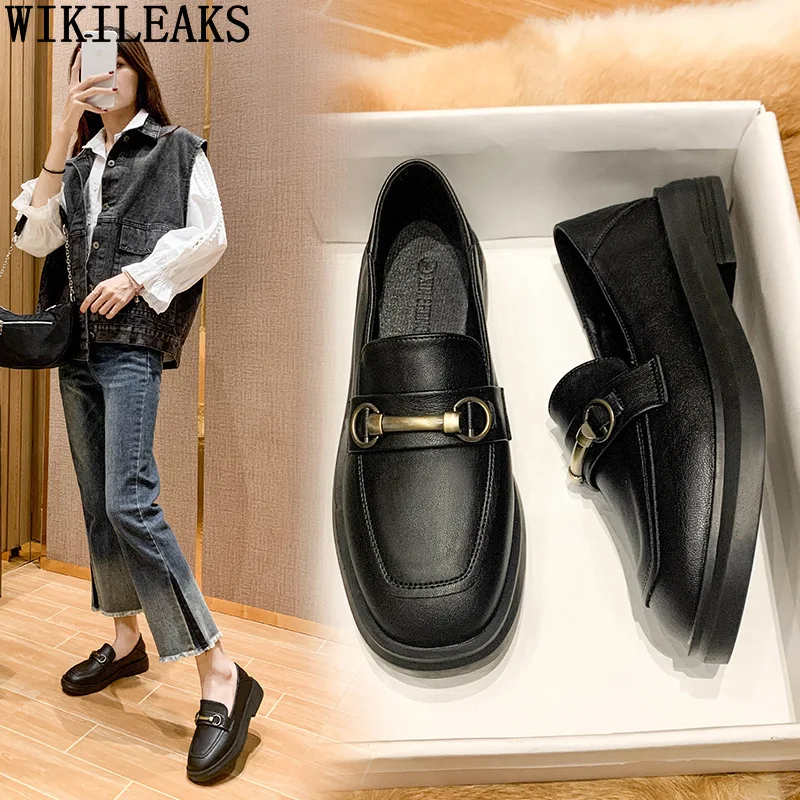 Туфли женские кожаные на платформе лоферы низкий каблук повседневная обувь