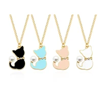 fashion enamel cat pearl tail choker necklace for women gifts cute animal necklaces pendants jewelry dropshipping colar