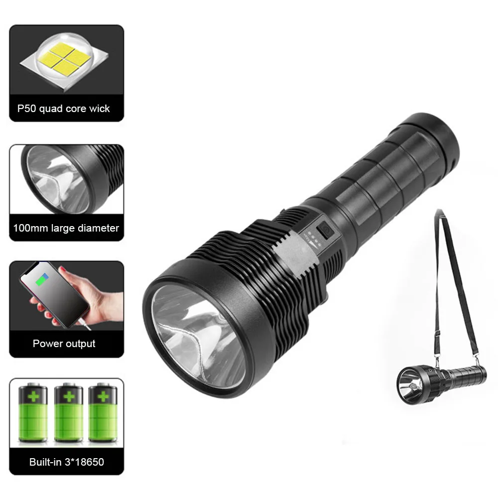 

Outdoor Camping Durable Ultra Bright ABS Led Flashlight USB Rechargeable Night Fishing Powerful Easy Use Handheld With Strap