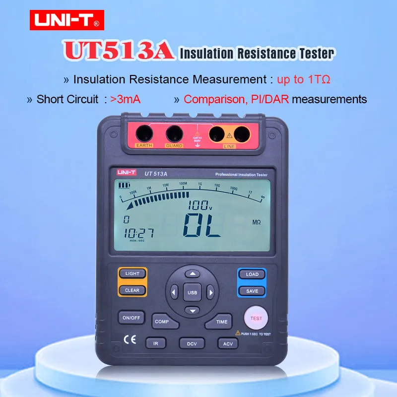 

UNI-T UT513A Insulation Resistance Tester Analog Bar Graph AC/DC 500V~5000V DAR PI Tester Test voltage secondary display Megger