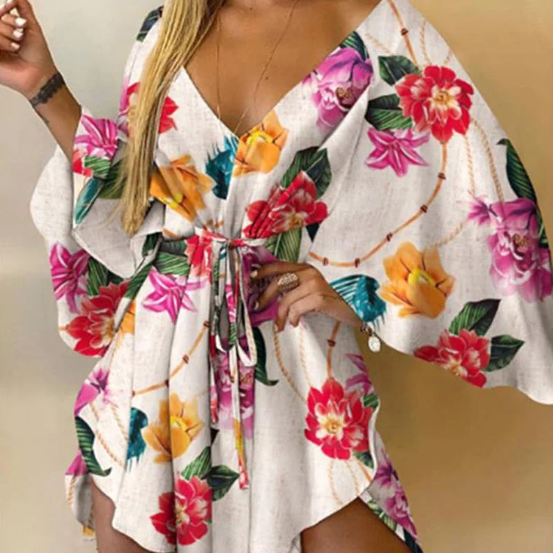 

Fashion Women Dress V Neck Chic Floral Print Party Dresses Bandage Batwing Sleeve Short Dresses Irregularity Casual Female Robe