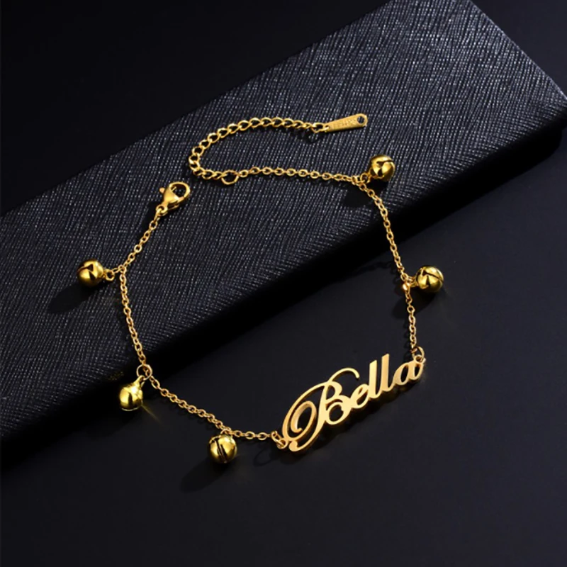 

Dainty New Custom Name Chain with Beads Stainless Steel Nameplate Multiple Bell Pendant Bracelet for Women Couple Gift Jewelry