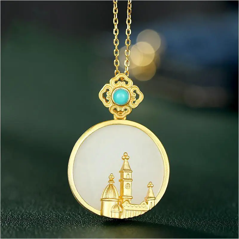 

Vintage round Necklace Turquoise Pendant Natural Hetian Jade Female Clavicle Chain Sterling Silver High-Grade Sense French Style