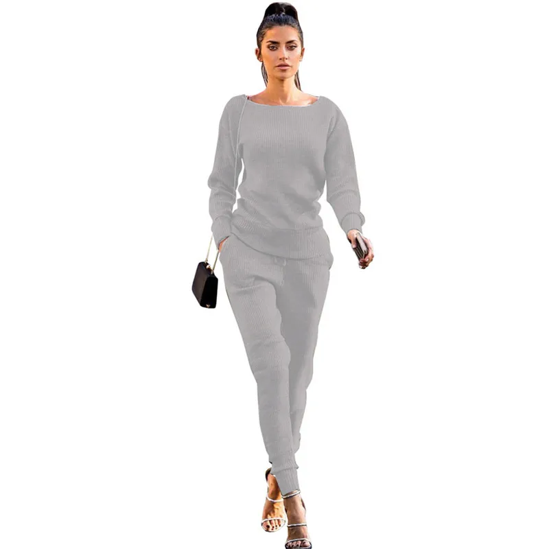light gray Осенний костюм, женский спортивный костюм, одежда, повседневные спортивные топы и штаны, комплект из двух предметов, женский спортивный комплект с круглым вырезом и длинным рукавом - Цвет: light gray