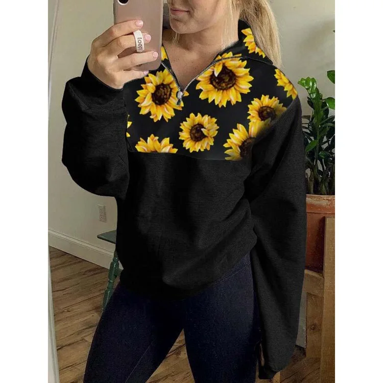

2021 New Sunflower Pattern Print Loose Fashion Round Neck Long Sleeve Sports Sweatshirt