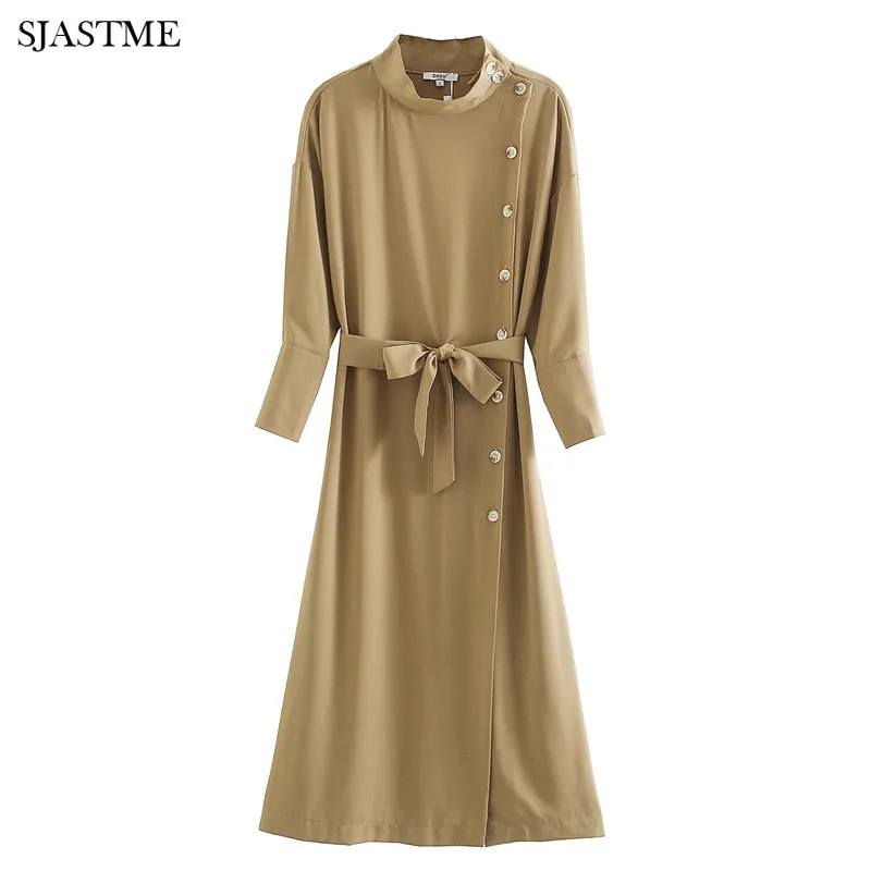 

SJASTME fashion women solid spring dress buttons wrist sleeve 2020 new arrival ladies khaki dress elegant vestidos D51820