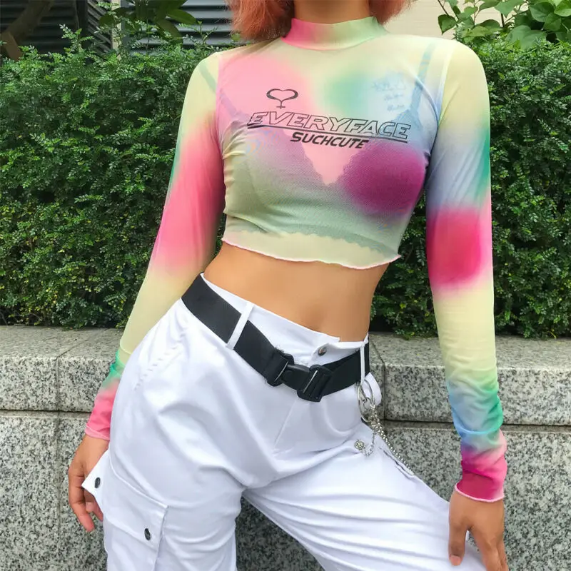 Женский сексуальный сетчатый прозрачный кроп-боди с длинным рукавом