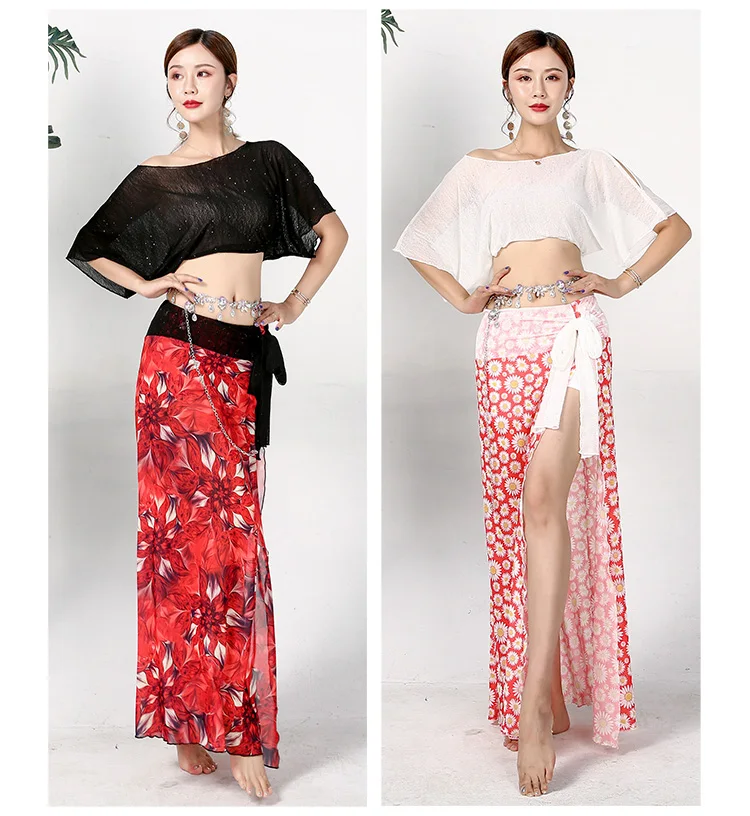 

Summer new belly dance clothes sexy top + printed skirt oriental dance practice clothes women split suit