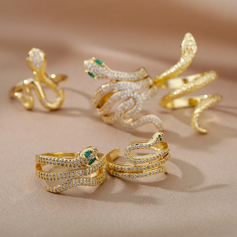 Exaggerated Retro Snake Rings For Women Men Punk Hip Hop Open Adjustable Gold Ring Stainless Steel Zircon Boho Jewerly anillos |