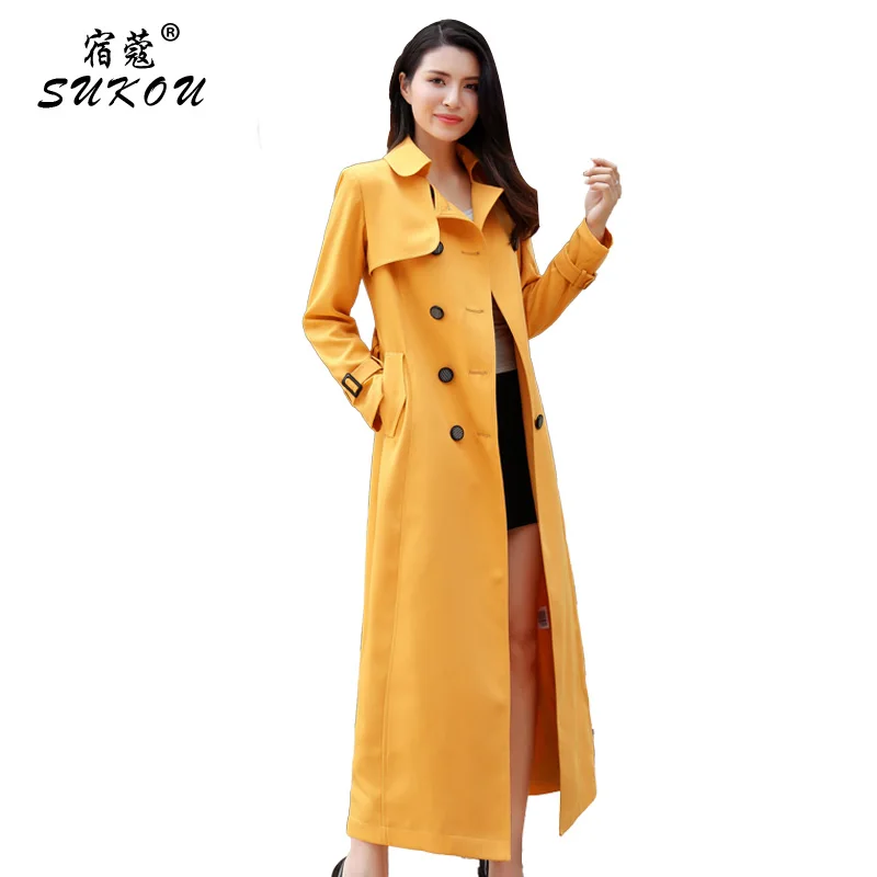 

Yellow windbreaker 2020 new Korean version slim coat medium length literary double breasted long style over knee windbreaker