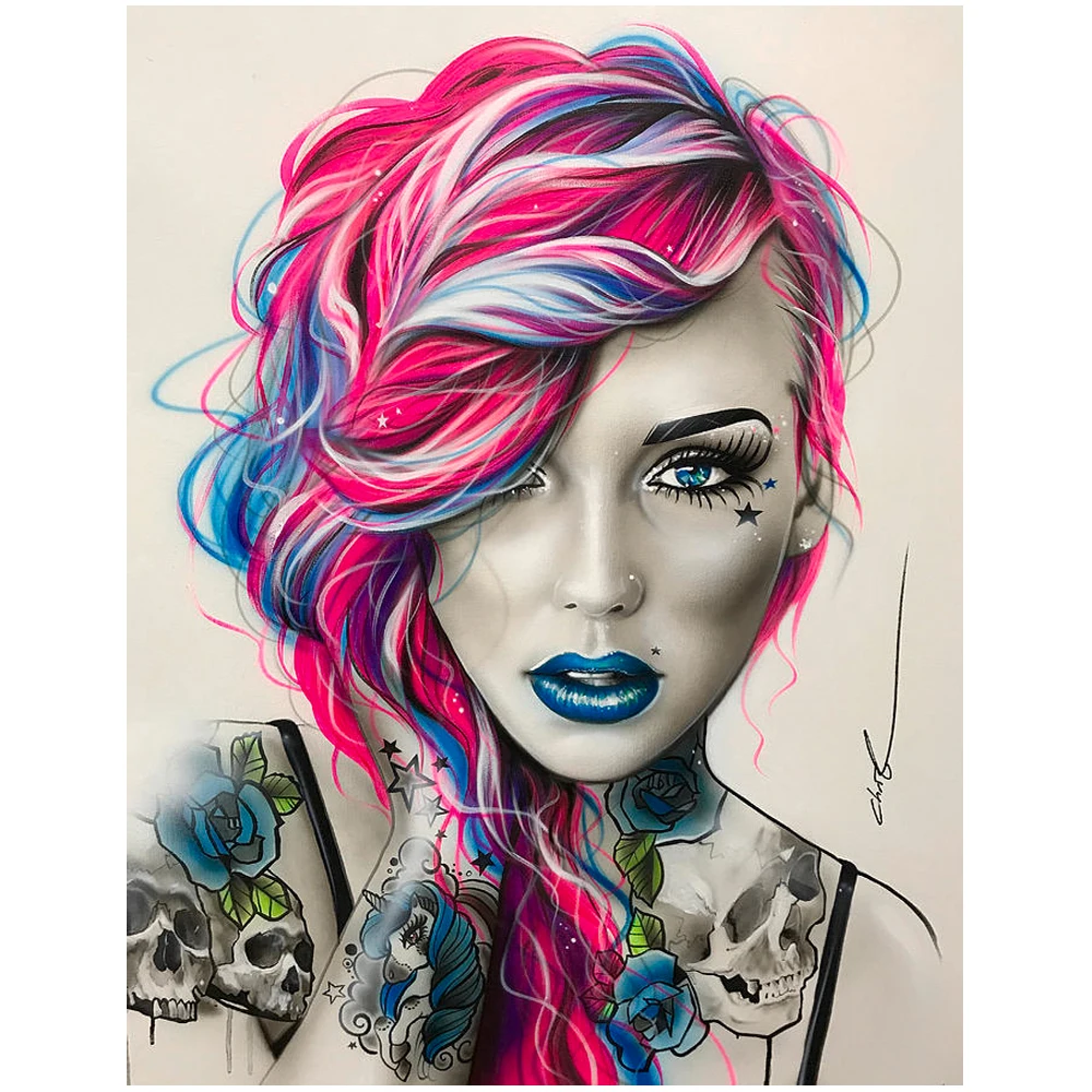 

Skull woman 5d diy diamond painting full square round diamond embroidery red tousle portrait for 2020 New arrivals gift