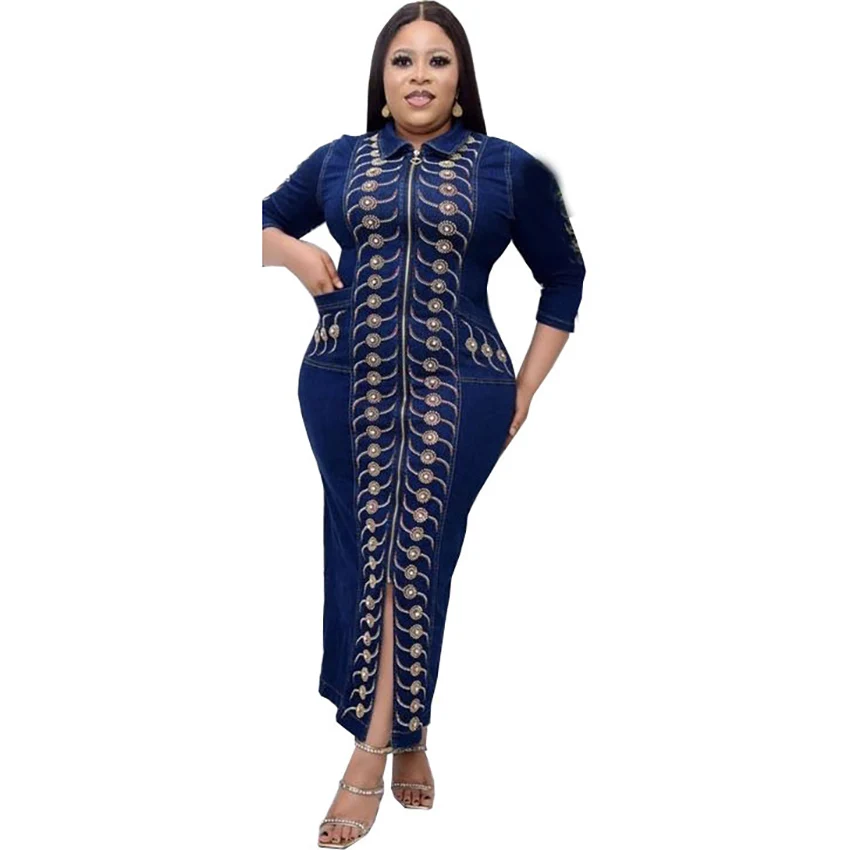 

New Style Classic Design African Women's Dance Nigeria Dashiki Jean Fabric Nail Bead Hot Drilling Zipper Dress Size L XL XXL