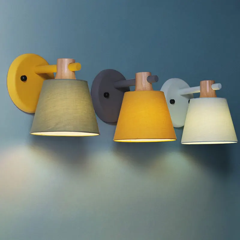 

Macaron Fabric Wood Wall Lamp Nordic Wall Lights for Home Decor Modern Led Beds Sconce Bedroon Bathroom Mirror Light Fixtures