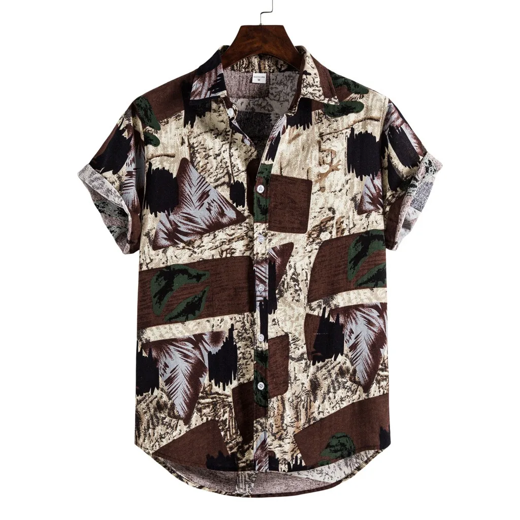 

2021 New Ethnic Shirt Fashion Men's Casual Button Hawaii Print Beach Short Sleeve Top Blouse Slim Fit Hombre Clothing Camisas