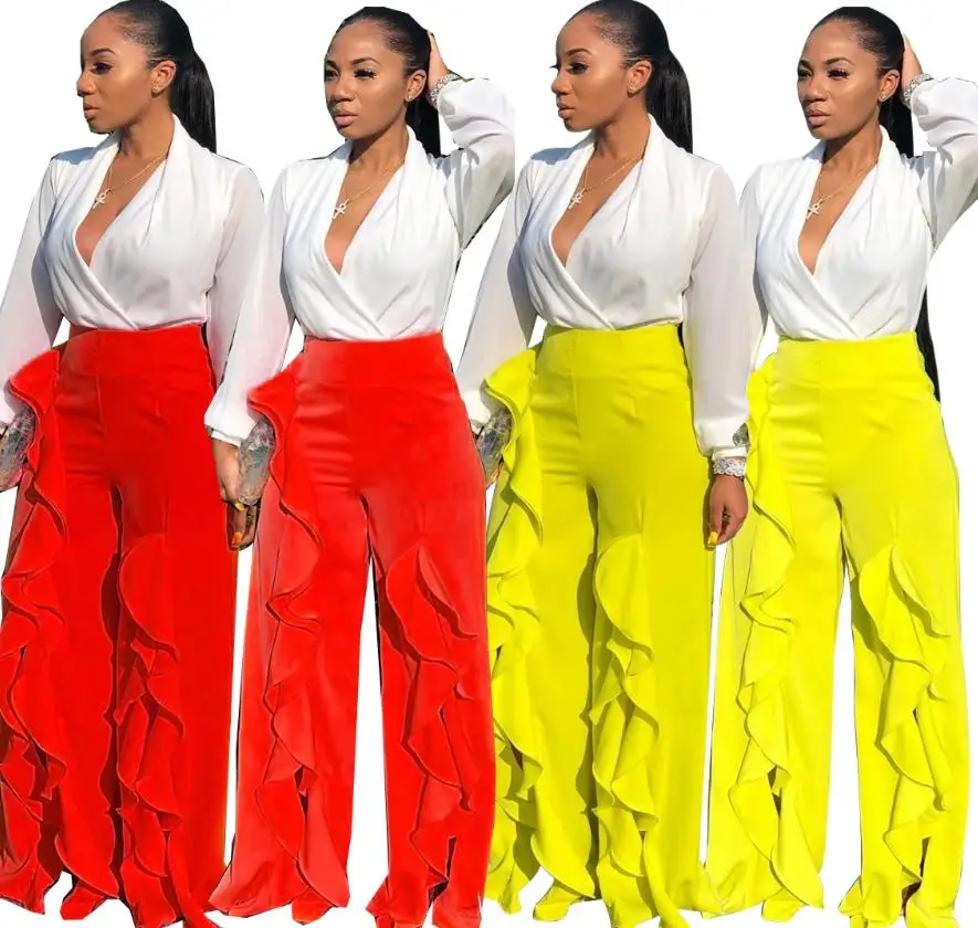 

INS Hottest Women Ruffles Pants Fashion Solid High Waist Stretchy Casual Wide Leg Lady Trousers 2021 Autumn Winter Lady Wear